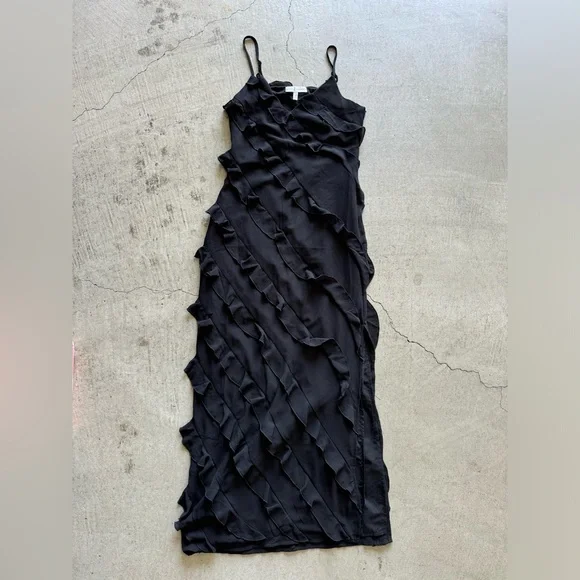 ASOS purchased / Rare London / strappy ruffle detail maxi dress w slit / black - Picture 4 of 13